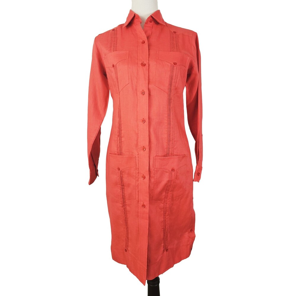 Panabrisa Women's Size 6 Orange Linen Pin Tuck Guayabera Dress Shirt